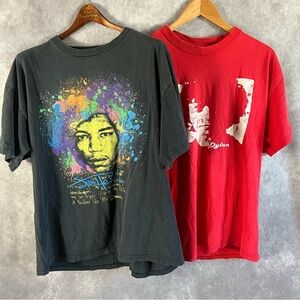 Lot Of 2 - Jimi Hendrix & Bob Dylan Shirts Mens XL Black Red Crew Neck Tee Rock